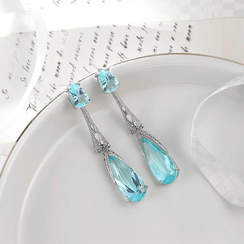 Роскошные AAA морской синий циркон Brincos серебряный цвет серьги гвоздики для женщин ювелирные изделия свадебное, на помолвку, заявление серьги в форме капли подарки