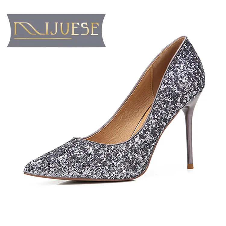 

MLJUESE women pumps thin heels autumn spring sliver color BLINGBLING pointed toe wedding high heels free shipping
