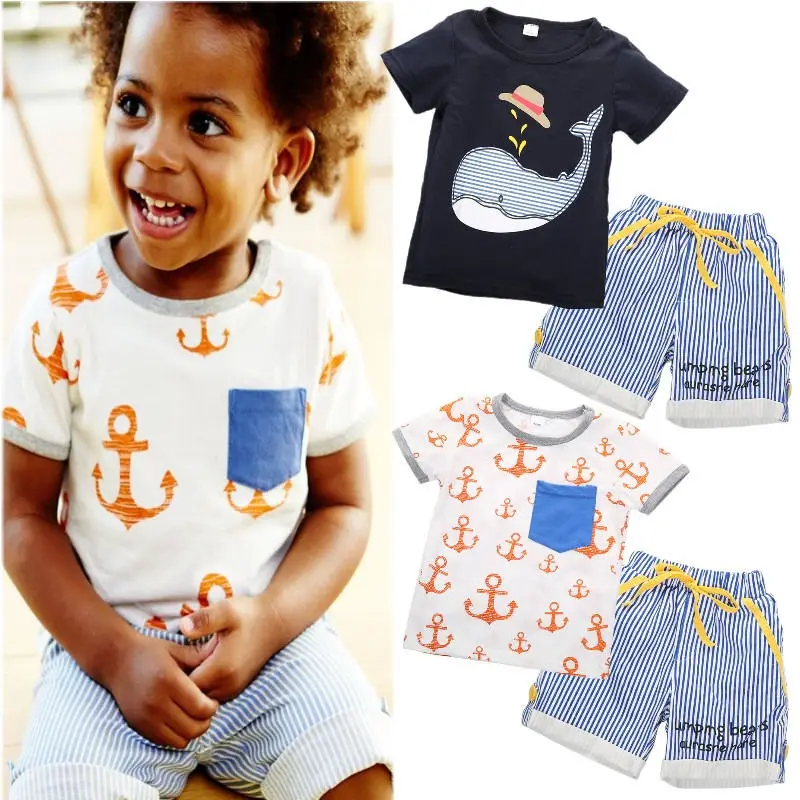 

New Kids Baby Boys Summer Cartoon Short Sleeve Tops T-shirt + Striped Shorts Pants Boys Clothes Set Hot