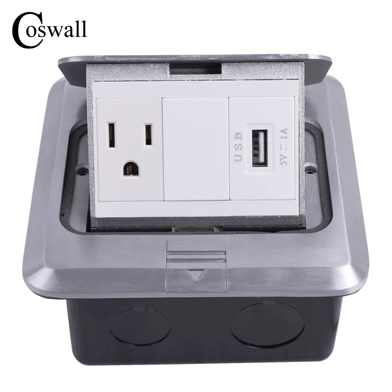 

Coswall All Aluminum Silver Panel Pop Up Floor Socket US Standard Power Outlet With USB Charging Port 1000mA For Mobile