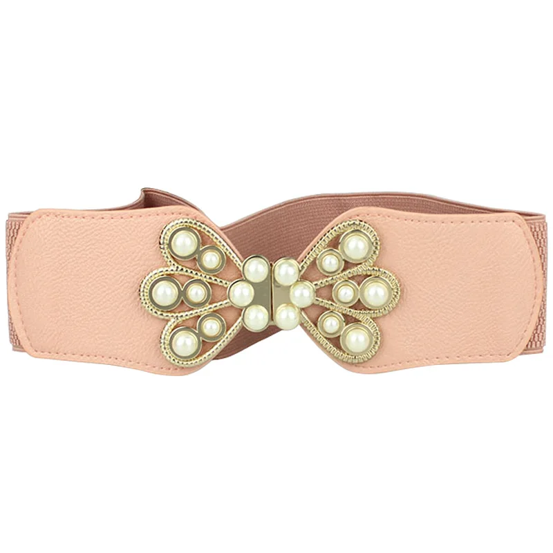 

3pcs/lot Elegant Pearls Bowknot Buckle Wide Waist Belts Elastic Stretch Flower Pattern Waistbands Girls Accessories os830