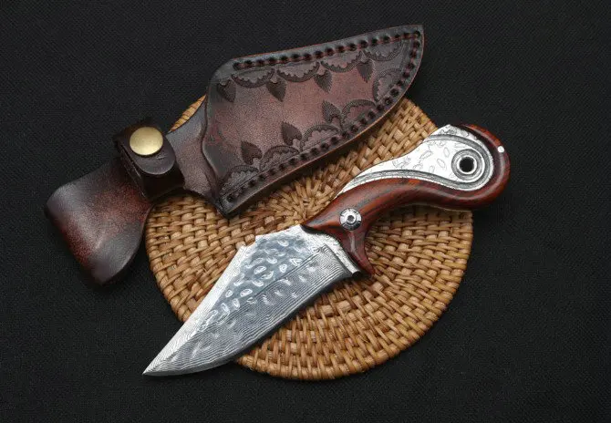 

Trskt 60Hrc Damascus knife Collection Camping Knives Hunting Outdoor knife Edc Tool Color wood Handle With Leather Sheath