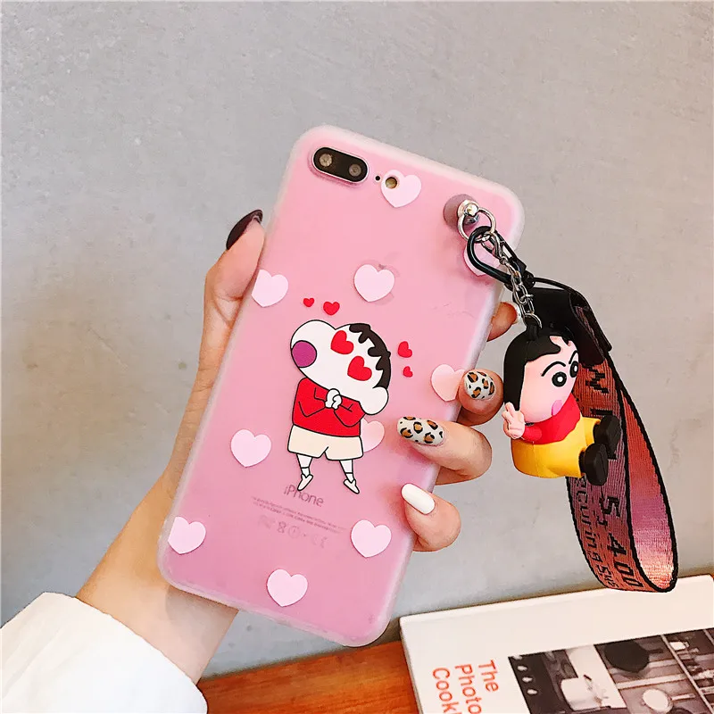 

lovely Crayon Shin-chan Soft TPU Silicone Case With Hand Strap With Doll Kickstand For iPhone X XR XS MAX 8 6 6S 7 Plus case