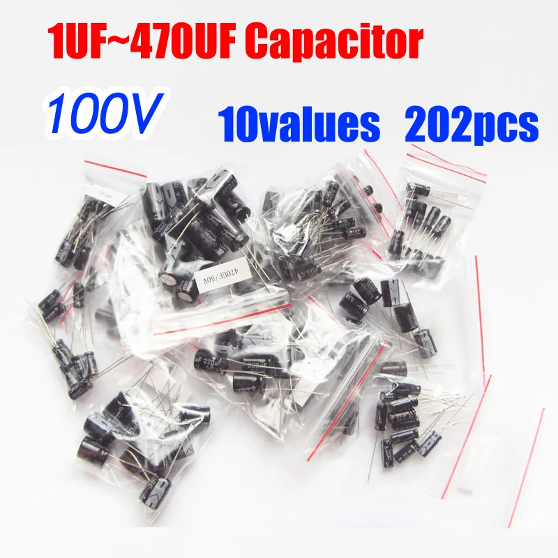 

10values Total 202pcs 100v Aluminum Electrolytic Capacitor Assortment Kit 1uF - 470uF