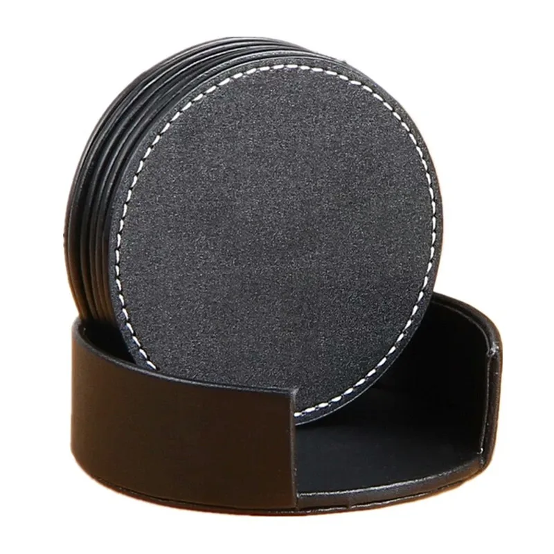 

6Pcs/Set Drink Coasters with Holder Cup Leather Mat Coffee Mug Pad Heat Insulated Cup Placemat Drinks Tablemat Kitchen Gadgets
