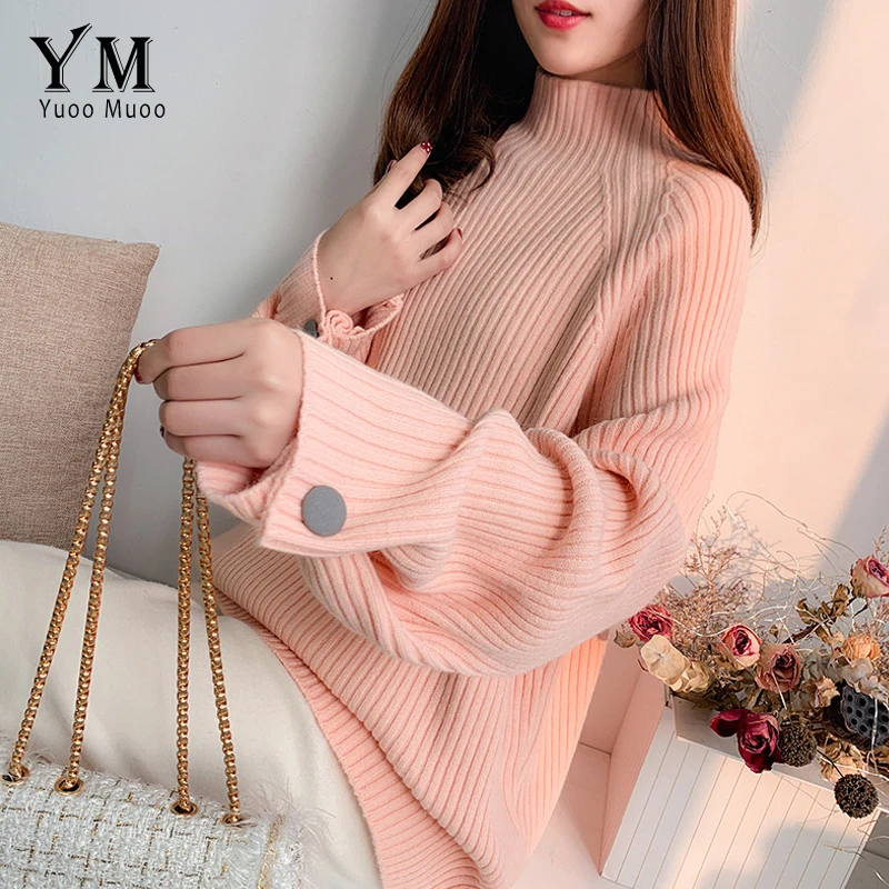 

YuooMuoo Romantic Pink Women Sweater 2019 Chic Candy Color Turtleneck Outwear Pullovers Loose Thick Sweater Female Knit Shirt