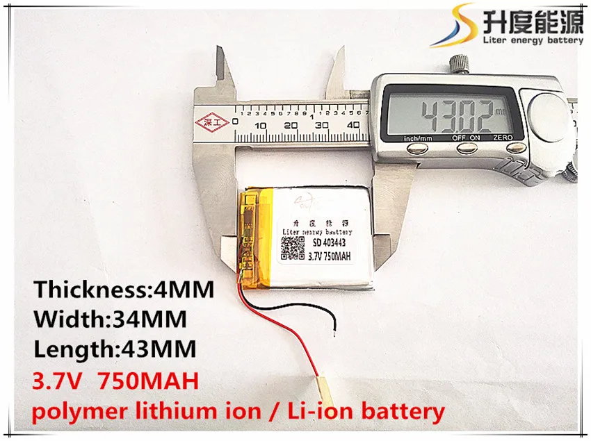 

1pcs [SD] 3.7V,750mAH,[403443] Polymer lithium ion / Li-ion battery for TOY,POWER BANK,GPS,mp3,mp4,cell phone,speaker