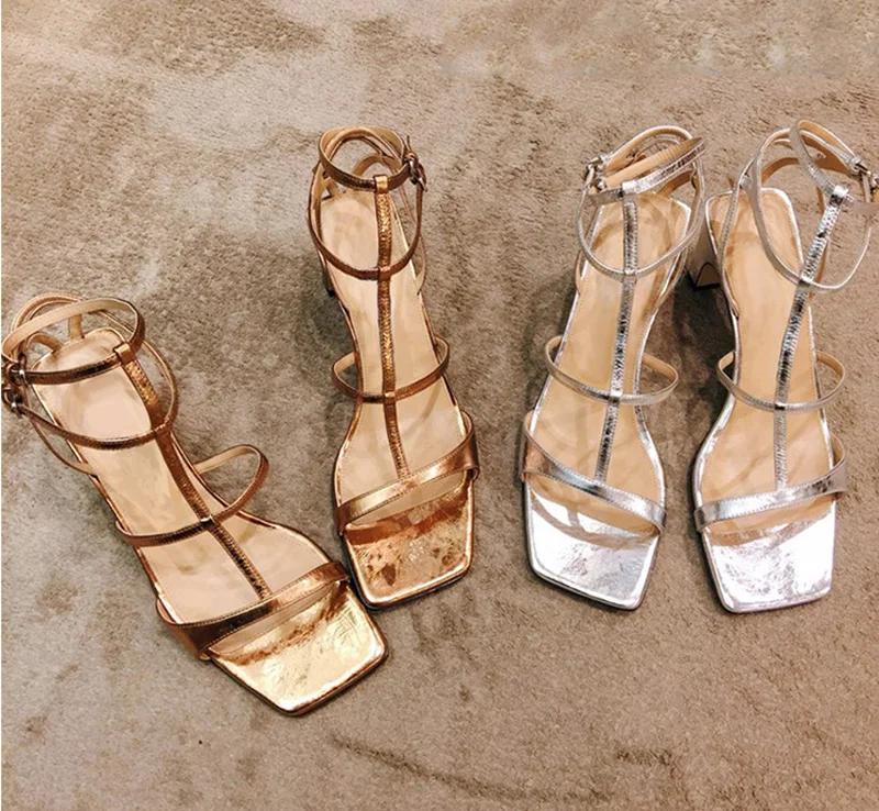 Gladiator Women High Heels Sandals Summer Square Toe Heels Gold Silver Heeled Platform Shoes Ladies Sexy Party Wedding Shoes L20 (10)