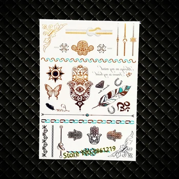 

New Hot Henna Indian Totem Flash Gold Tattoo Hamsa Eye Hand 21x15Cm, Large Black Feather Wings Jewelry Bracelet Metallic Tattoo