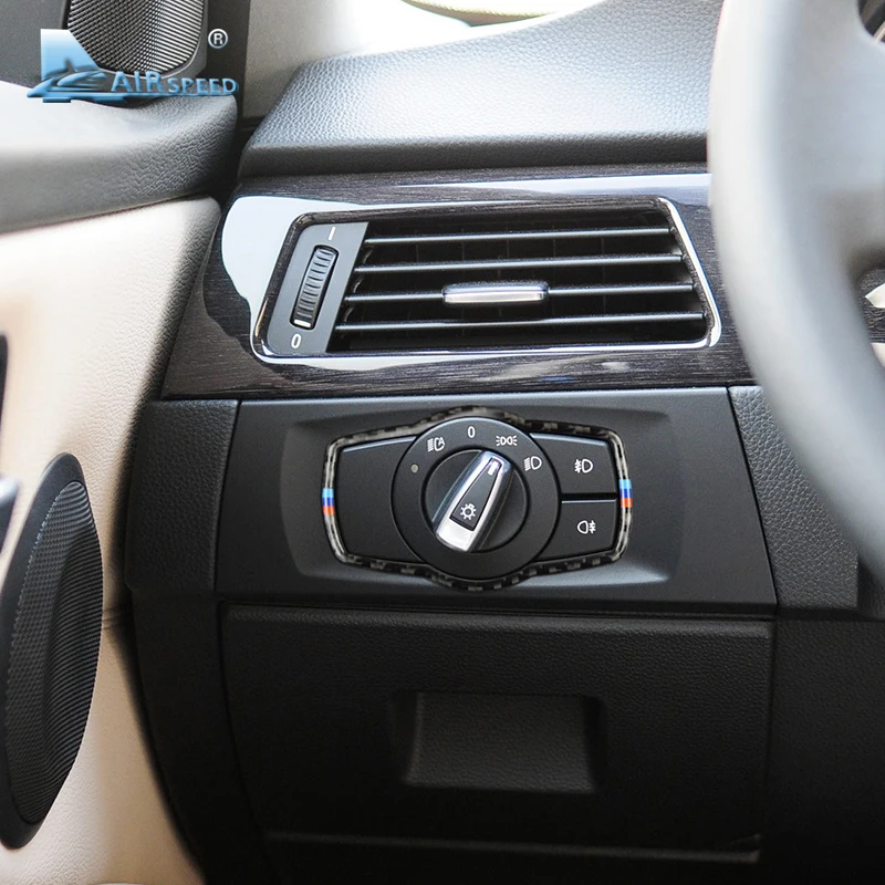 Airspeed для BMW E90 3 серии интерьера из углеродного волокна автомобиля фары переключатель рамка аксессуары 318i 320i 325i фары переключатель отделка