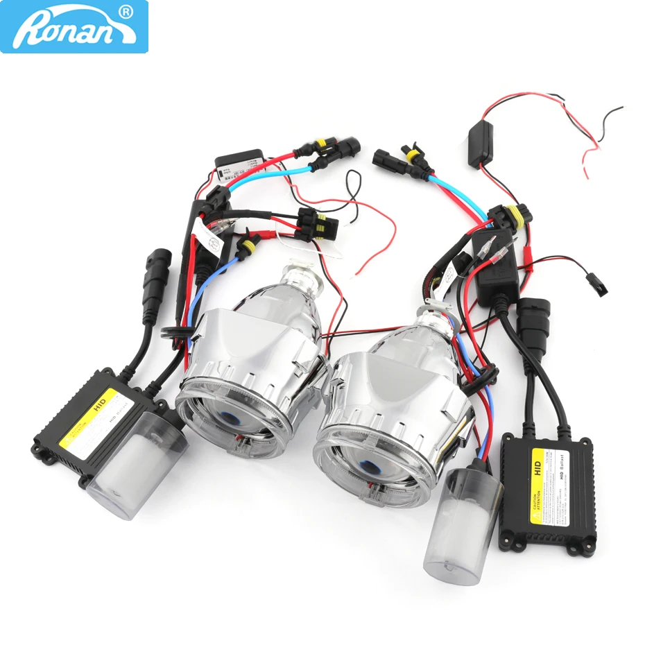 RONAN Car Styling Headlight Retrofit 2.5 inch HID Bi Xenon Projector Headlight Lens H1 H4 H7+Optic Angel Eyes+Xenon kit