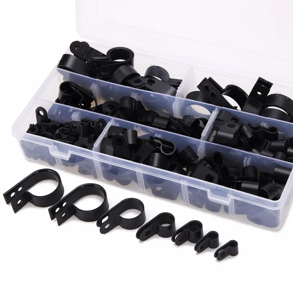 

200pcs Black Nylon Plastic P Clips Clamp Fasteners Assorted Box For Wire Cable Conduit Tubing Sleeving Mayitr