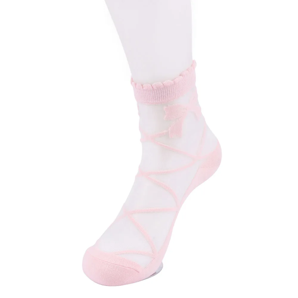 1 пара летних носков с бантом и сеткой, вязаный с бантом и оборкой, прозрачные кружевные носки с кристаллами, 4 цвета - Цвет: Розовый