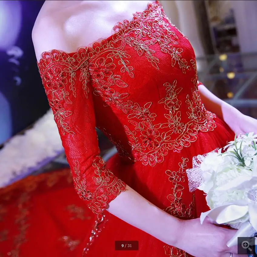 2017 Vestido Де Novia бальное платье красный свадебное платье роскошь с царский поезд половина рукава sexy свадебные платья мантия де mariage