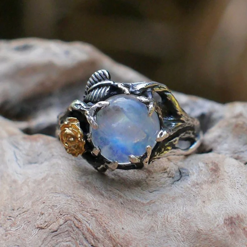Винтажное кольцо с лунным камнем для женщин, черное ювелирное изделие, золотой цветок, кольцо на палец, женское очаровательное ювелирное изделие, подарок