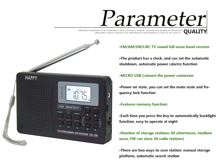 Coolvox CS-106 Полнодиапазонный цифровой стерео тюнер FM/AM/SW/LW/tv звук Полнодиапазонный приемник радио антенна с наушником