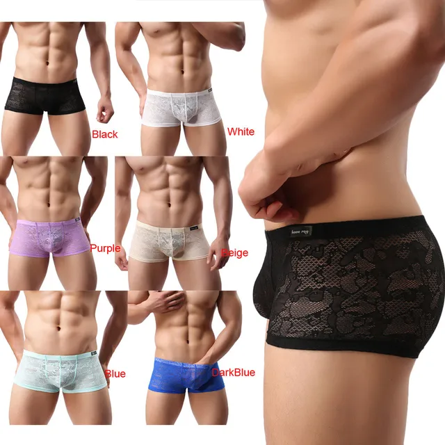 2017 New Fashion Mens Sexy Translucent Boxer Briefs Intimates Soft Lace Floral Ventilate Exotic Boxer Sexy Shorts Underpants -