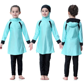 

2018 New arrive modest swimwear for muslim girl kids long sleeve Islamic swimsuit hooded patchwork beach wear bathing suit
