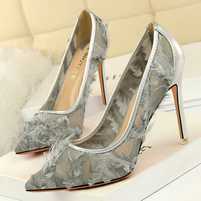 Bigtree Shoes Sexy Hollow Women Pumps Fashion Furry High Heels Women Shoes Wedding Shoes Women Party Shoes Black Stiletto