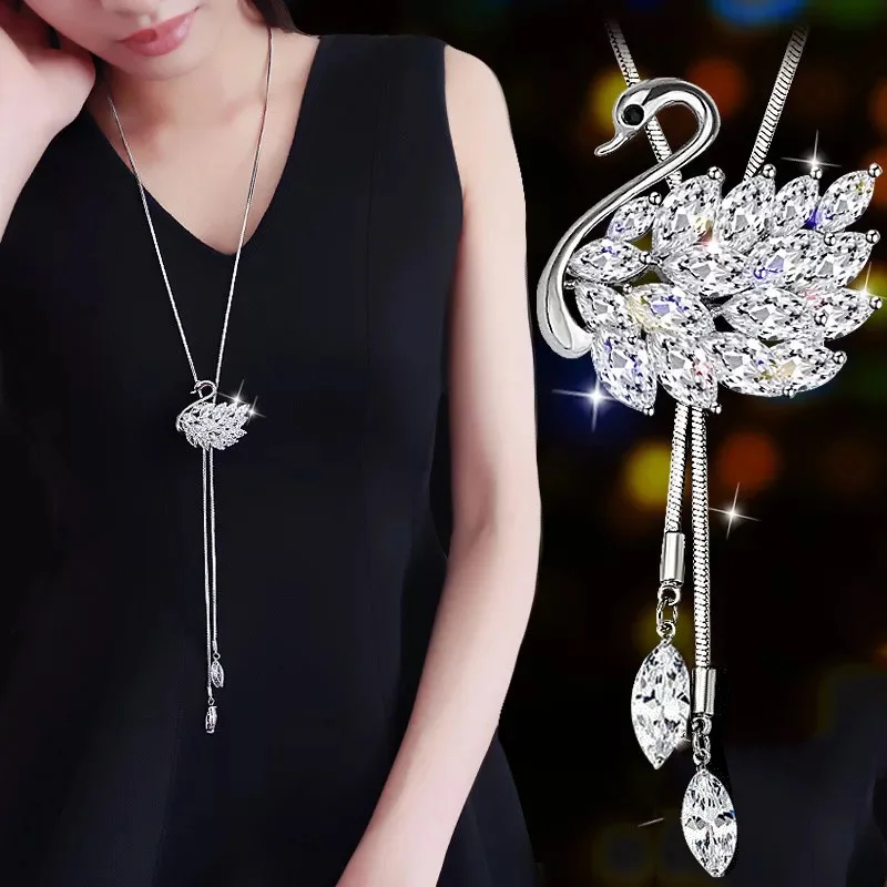 Длинные ожерелья для женщин Collier Femme модные ожерелья с искусственным жемчугом и кулонами свитер цепь воротник ювелирные изделия Mujer - Окраска металла: Swan