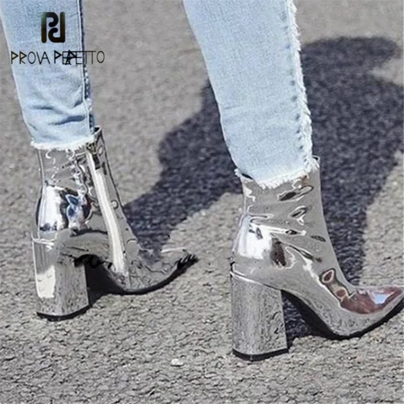 

Prova Perfetto Sliver Ankle Boots for Women Pointed Toe Chunky High Heel Boots Mirror Metallic Women Pumps Sexy Ladies Stiletto