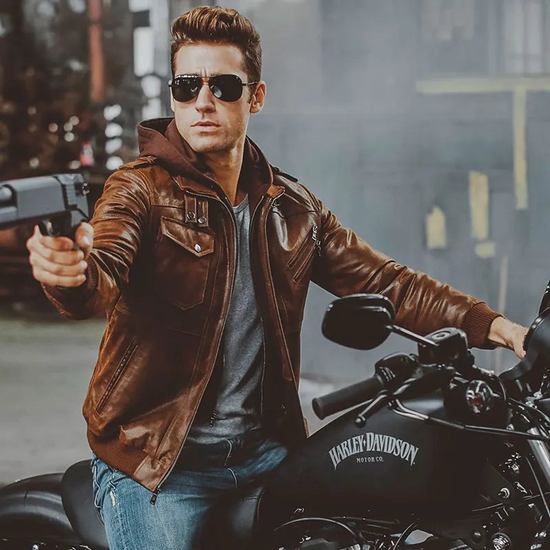 Ideal  Men's Real Leather Jacket Men Motorcycle Removable Hood winter coat Men Warm Genuine Leather Jacket