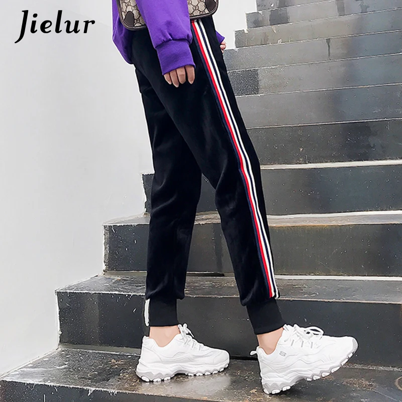 Jielur толстые золотые велюровые брюки для женщин зимние новые свободные полосы