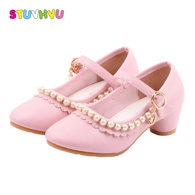 

Children shoes girls princess wedding shoes Microfiber Leather High Heels Beaded Sweet Student Performance Dance Shoes 26-37