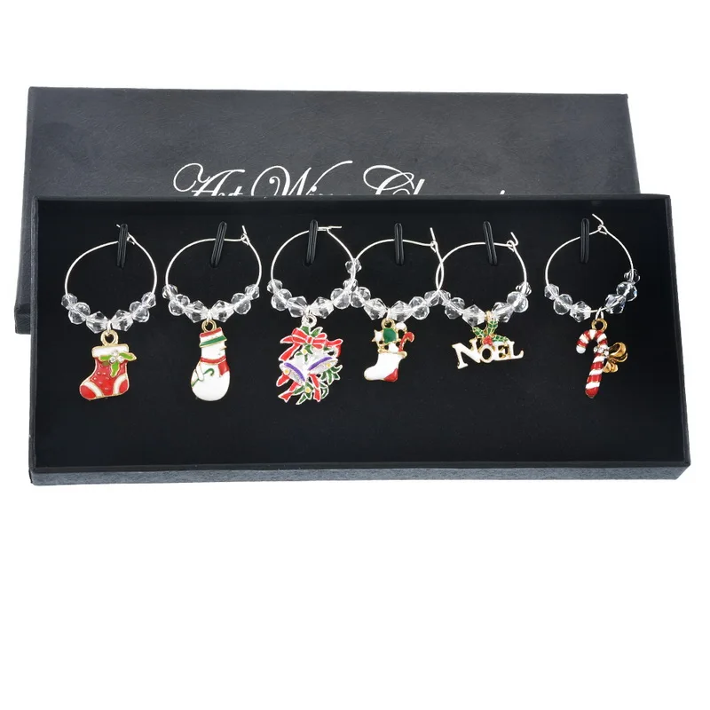 

6PCs/set Festival Series Wine Glass Sign Enamel Charms With Transparent Crystal Beads Christmas Table Decor Charms New Year Gift