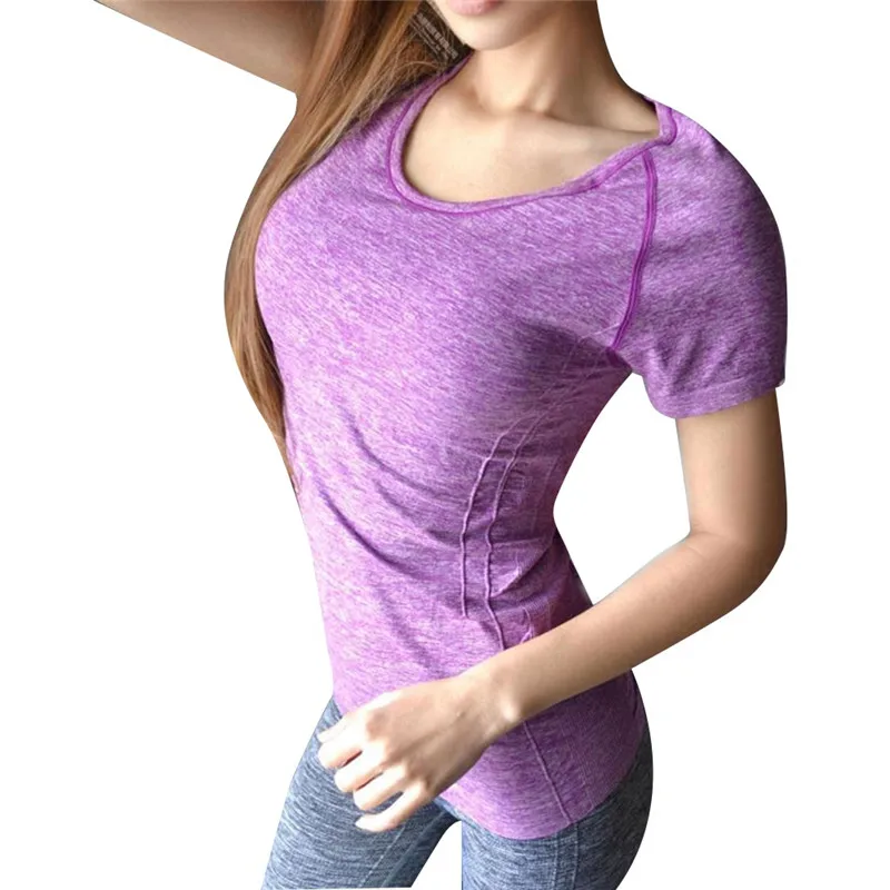 Горячая Распродажа, быстросохнущая Женская одежда с коротким рукавом для фитнеса, футболки, футболки для тренажерного зала, компрессионные колготки, спортивные футболки - Цвет: Фиолетовый