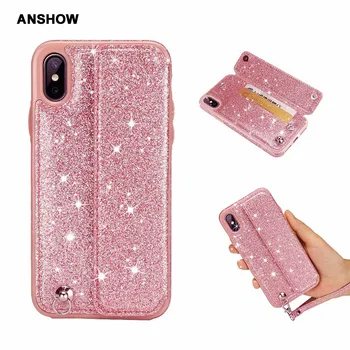 

Sparkly Leather Case For Iphone XR XS MAX X 10 8 7 Plus 6 6S SE 5 5S Bling Glitter ID Card Pocket Box Flip Cover 30PCS
