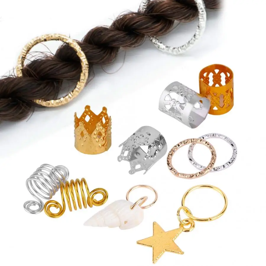 

90pcs Hair Braid Rings Spiral Sart Crown Hair Clips Loops Shell Decoration Hair Cuffs Dread Tube Charm Dreadlock Accessaries