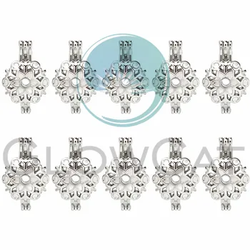 

Silver Color New Year Snowflake Beads Cage Locket Pendant Essential Oil Diffuser Stone Pearl Cage 10X K1068