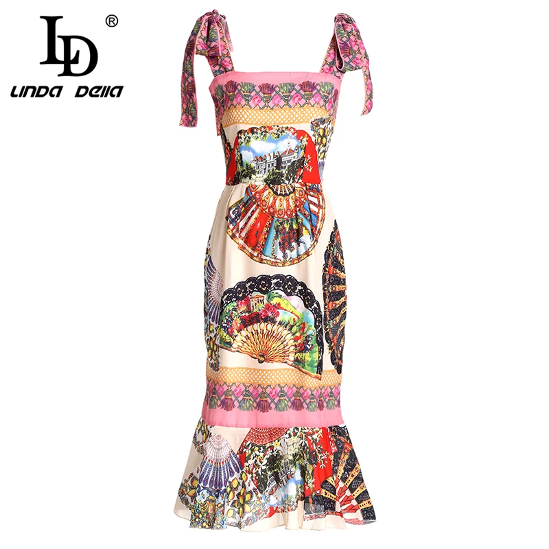 Женское платье из шифона LD LINDA DELLA, летнее разноцветное платье с цветочным принтом, вечернее платье на бретельках, облегающее платье с юбкой-годе