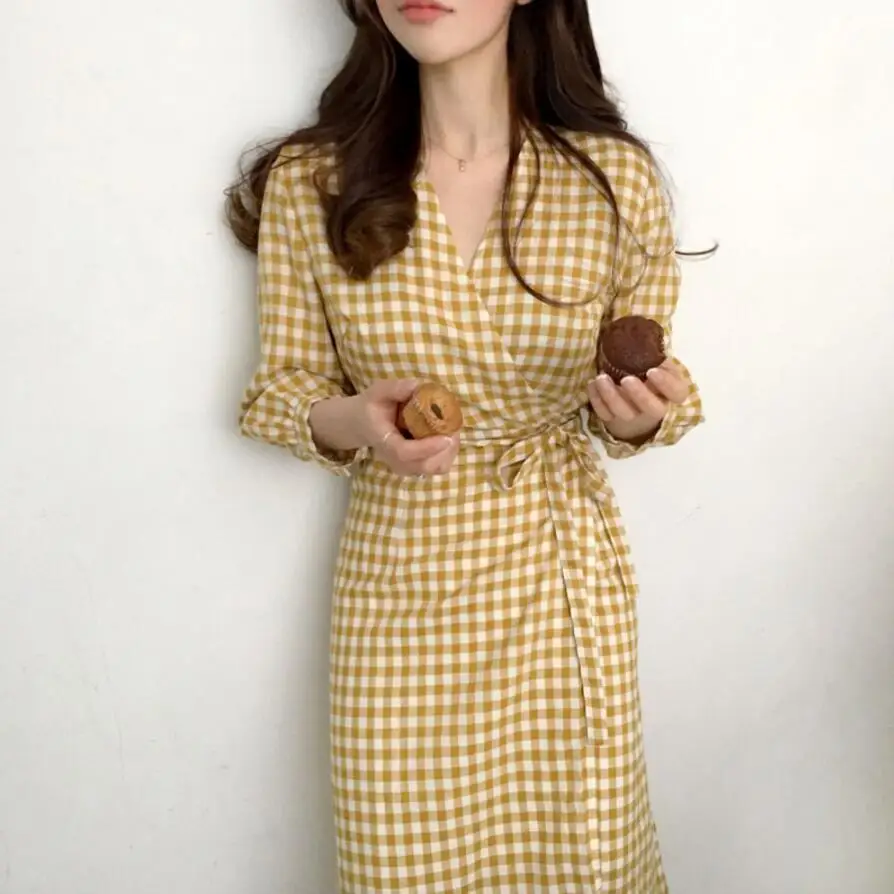 

Cotton Linen Plaid Korean One piece Open Slit Bandage Midi Plaid dress new fresh v-neck waist slimming gentle long chiffon