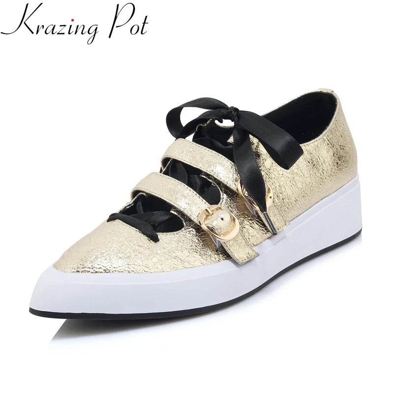 

2019 cow leather butterfly-knot Spring shoes buckle strap pointed toe sneaker wedge casual platform women vulcanized shoes L85