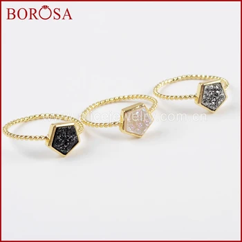 

BOROSA 10pcs Gold Color Pentagon Rainbow Drusy Rings,Mixed Colors Agates Titanium Druzy Bezel Rings for Women Jewelry ZG0293