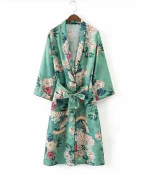 

Vintage Green femme Kimono Shirt Floral Print with sashes Retro New Bandage Cardigan Split Long Blouse Tops blusas chemise W3