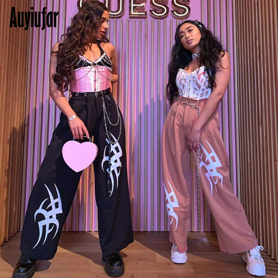 

Auyiufar Flare Pants Women Print Pantalon Streetwear Pink Black Wide Leg Pants High Waist Cotton Women's 2019 Summer Loose Pants
