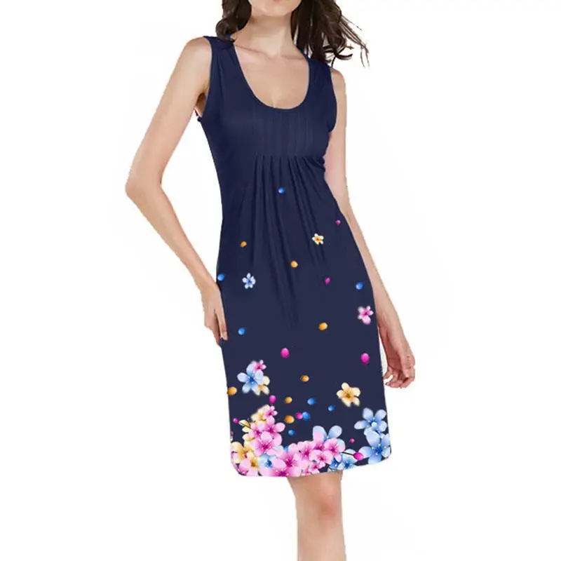 

2018 Summer Casual Dress Women Sleeveless Knee Length Beach Vestidos Elegant Ladies Boho 3D Floral Printed Dresses WS7635C