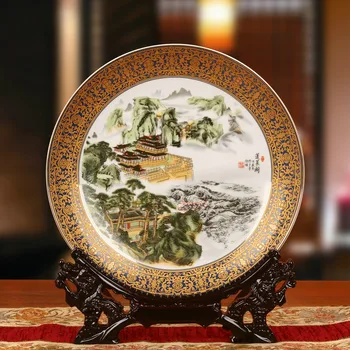 

Chinese Style 10 inch Ceramic Decoration Round Sitting Plate Classical Landscape Penglai Pavilion Pattern Gold Edge Plate