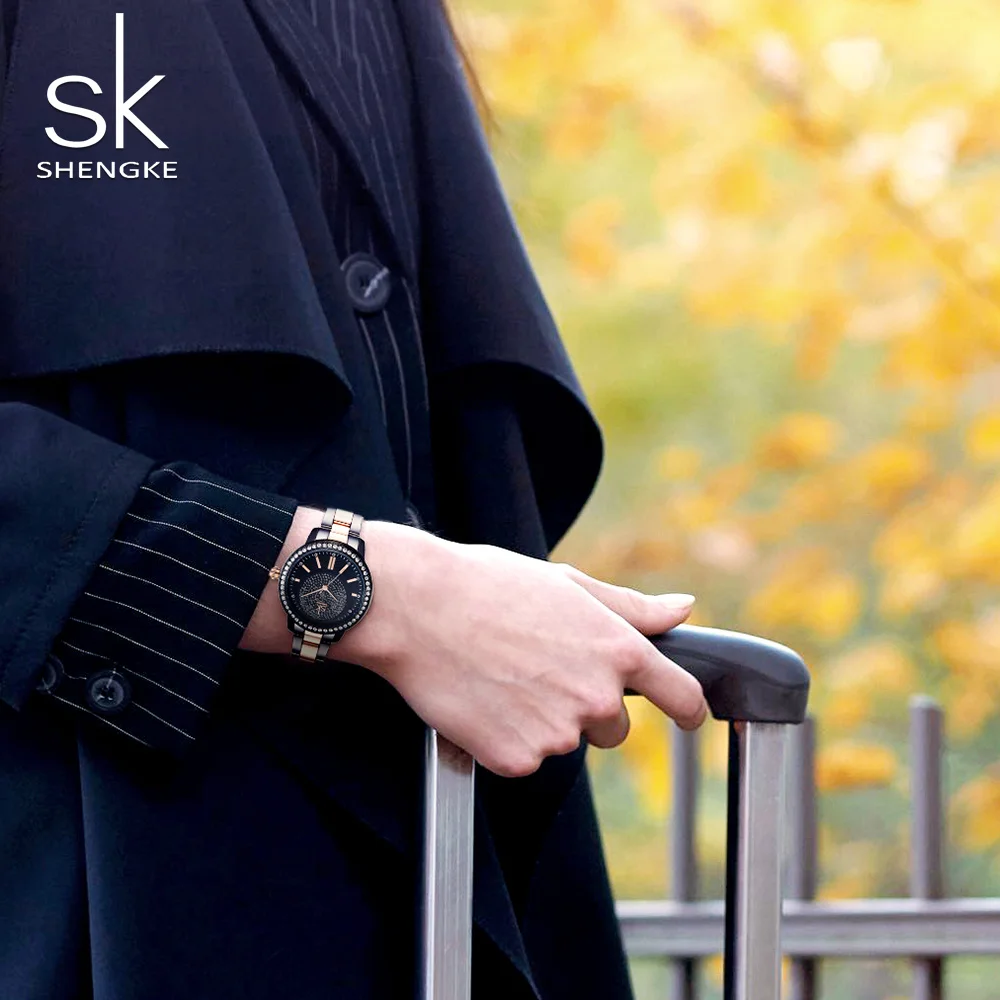 ShengKe Luxury Watch Women Rhinestone Classic Minimalism Stainless Steel Ladies Wristwatch Casual Waterproof Female Clock Gift