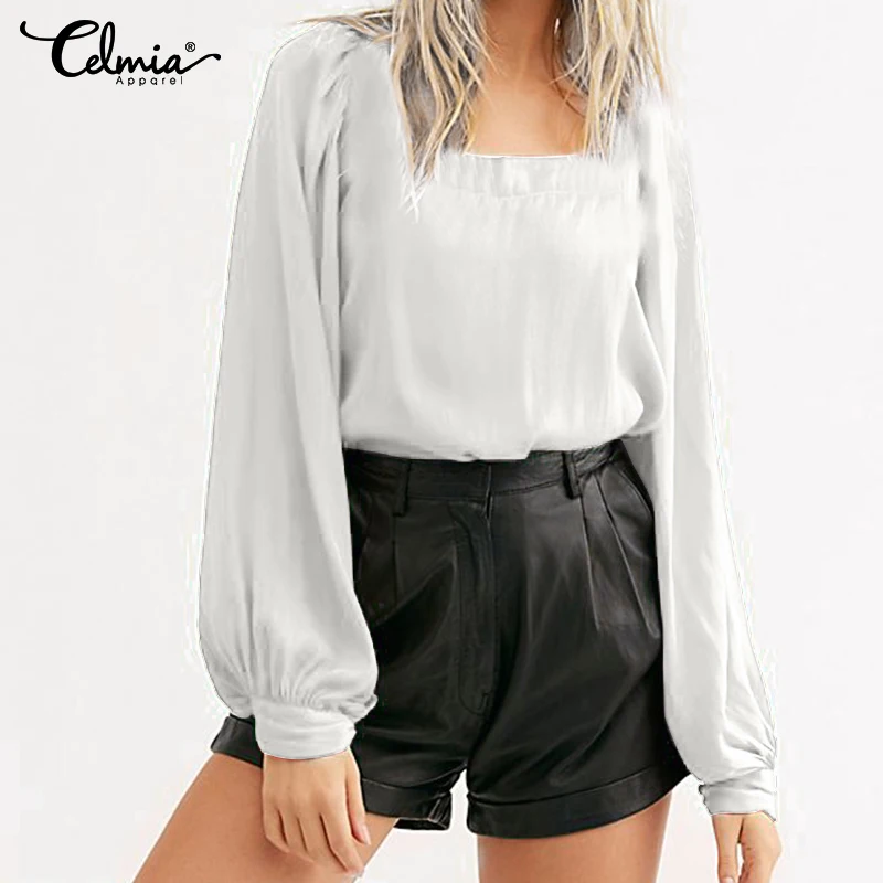

2019 Celmia Autumn Women Blusas Elegant Long Lantern Sleeve Loose Tops Shirts Casual Vintage Solid Work OL Blouses Plus Size 5XL