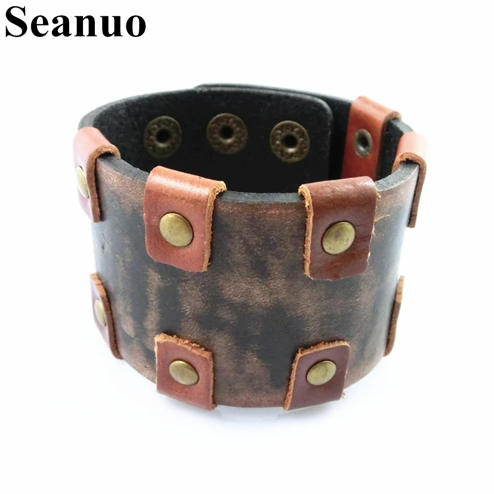 Seanuo, ширина 4,5 см, серый и коричневый, смешанный цвет, натуральная кожа, мужской браслет, модный панк-рок, мужской хип-хоп Браслет-манжета, подарок