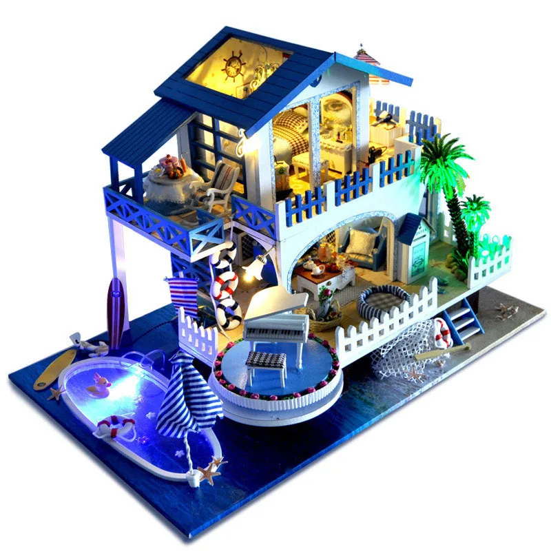3D Diy Blue Villa With Swimming Pool Wooden Big Doll House Furniture