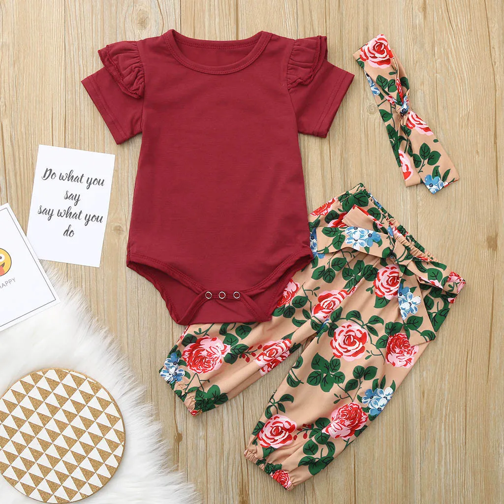 

2019 Summer Clothes For Baby Girls Infant Baby Boys Girls Solid Jumpsuit Romper+Floral Print Pants+Headband Outfits