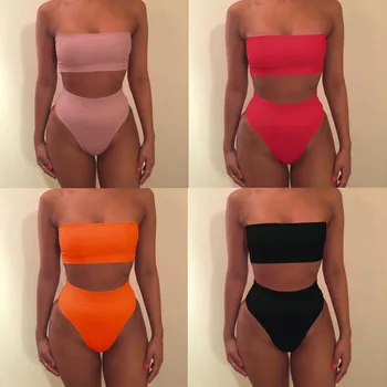 

High Leg Strapless Bandeau Solid High Waist Bikini Set Swimwear Female Swimsuit High Waist Bikini Women Bathing Suit biquini