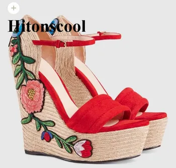 

High Platform Wedges Sandals Women Runway Summer Party Shoes Colorful Embroidered Weaves Open Toe Bling Leather High Heels