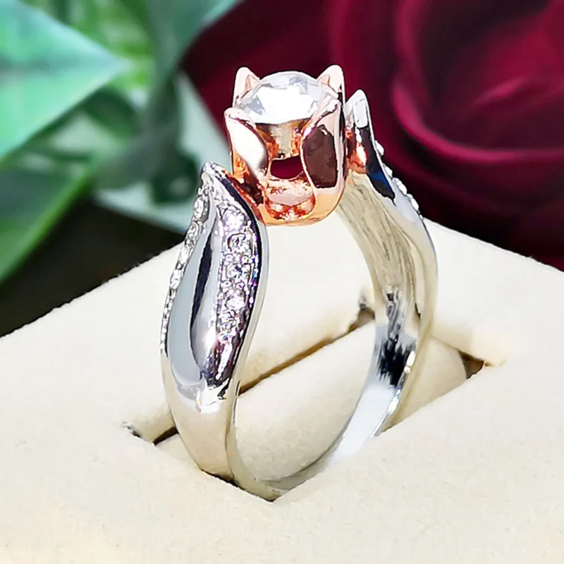 Двухцветное кольцо на палец в виде цветка розы Женский подарок на день Святого Валентина ювелирные изделия горячая распродажа