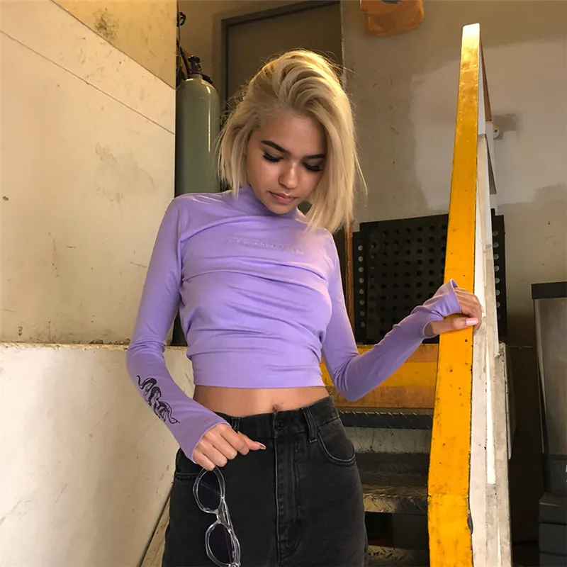 Cryptographic purple long sleeve tee shirt femme slim fit turtleneck women tops autumn casual streetwear tee shirt women clothes